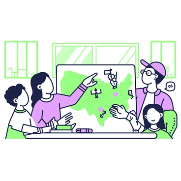 A family is gathered around a kitchen table, engaged in a discussion about a family trip. At the center of the table, there is a large map spread out with various destinations marked. The family consists of four members: a mother with long hair, a father wearing glasses, a teenage son with a baseball cap, and a young girl holding a toy. The mother is pointing to a location on the map, while the father takes notes on a notepad. The teenage son leans back in his chair, looking thoughtful, and the young girl is enthusiastically suggesting places, holding up her toy. The kitchen has wooden cabinets and a window showing sunlight streaming in.