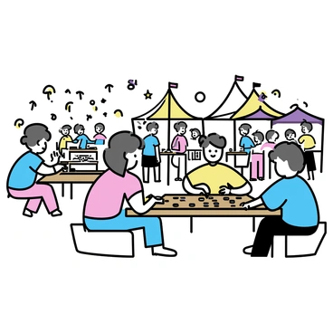 A lively festival scene with colorful tents set up in a public space. Groups of people of various ages are gathered around, some engaged in playing backgammon on wooden tables. The players are focused on the game, with a few spectators watching intently. The atmosphere is filled with excitement and energy, with people chatting and laughing, while others are enjoying various food stalls in the background. Bright decorations and banners hang above, creating a festive ambiance.