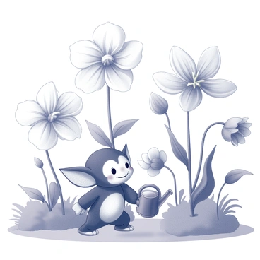A gremlin watering oversized flowers in a whimsical garden.
