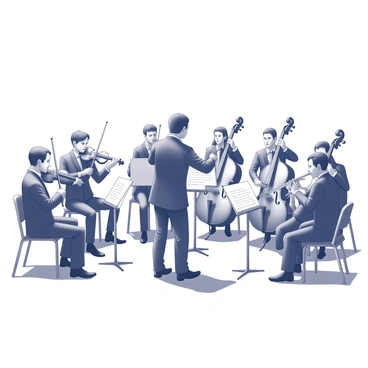 An orchestra is positioned on stage, showcasing a variety of musicians playing instruments such as violins, cellos, trumpets, and flutes. In the center, a conductor stands confidently, gesturing with both arms to guide the ensemble. The musicians are focused, their expressions reflecting deep concentration as they follow the conductor's movements. The conductor is dressed in formal attire, adding to the classic noble atmosphere of the performance. The stage is well-lit, highlighting the details of the instruments and the musicians' attire. A variety of music stands hold sheet music in front of the musicians.