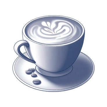 A cup of coffee sits on a saucer, filled with a creamy latte. The surface of the latte displays intricate foam art resembling a crashing ocean wave. The wave is stylized with swirling patterns, emphasizing the motion and energy of the water. The cup is positioned on a wooden table, with a few coffee beans scattered nearby, contributing to the coffee-themed scene.