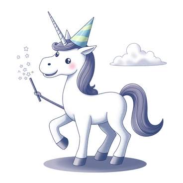 A cheerful unicorn standing on a grassy patch. The unicorn has a flowing mane and tail that appears to be waving in the wind. It is wearing a colorful party hat on its head, slightly askew. In its hoof, the unicorn is holding a sparkling magical wand, which emits tiny stars. The background features a clear sky and a few fluffy clouds, enhancing the festive atmosphere.