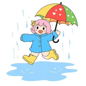 A chibi anime girl with big sparkling eyes and a cheerful expression is jumping joyfully in a series of puddles. She has short, fluffy pink hair adorned with a yellow bow on the right side. She wears a bright blue raincoat with oversized buttons and yellow rain boots splashing in the water. In her right hand, she holds a vibrant, multi-colored umbrella featuring patterns of stars and hearts. The rain falls softly around her, creating ripples in the puddles as water droplets fly into the air.