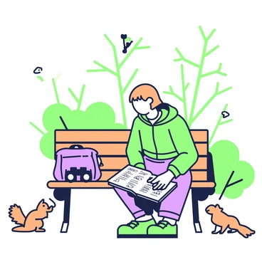 A nature enthusiast is sitting on a wooden park bench, engrossed in documenting wildlife sightings in a ledger. The individual has short brown hair and is wearing a green jacket with a hood. On the bench beside them is a pair of binoculars and a small backpack. The ledger is open on their lap, filled with handwritten notes and sketches of various animals. In the background, there are trees with green foliage and a clear sky, while a few birds can be seen perched on the branches above. A small squirrel is on the ground nearby, curiously watching the enthusiast.