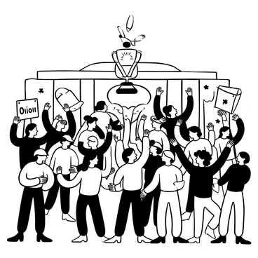 A large crowd of people clapping with enthusiasm, showcasing a variety of clothing styles. In the foreground, a trophy is held high, glimmering in the light. The atmosphere is filled with energy as hands rise above heads in celebration. Banners and signs are visible, with the words "Winner Announced" prominently displayed. The background features elegant architecture, typical of a grand venue, with decorative elements enhancing the festive ambiance.