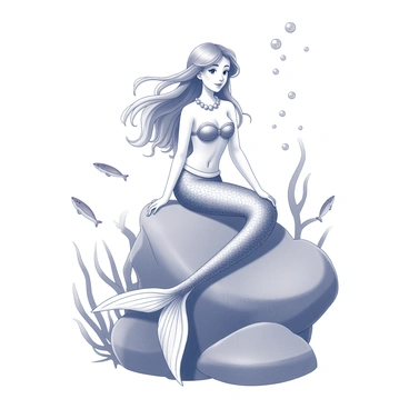 A mermaid sitting gracefully on a rock under the sea. She has long flowing hair that surrounds her shoulders and cascades down her back. The mermaid is wearing a necklace made of small conch shells, which rests delicately around her neck. Her tail is shimmering and intricately detailed, with scales that reflect the light filtering down from the surface. Various fish swim nearby, and seaweed gently sways in the currents. Bubbles rise around her, adding to the underwater ambiance.