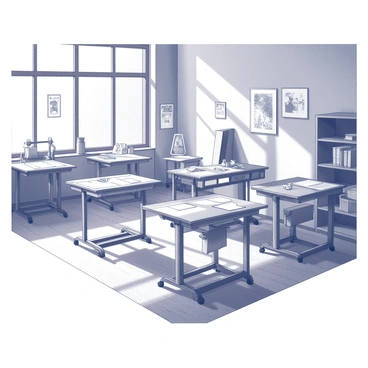 An art classroom filled with vintage drafting tables arranged in neat rows. Each table is equipped with drawing tools, papers, and sketchbooks scattered across the surfaces. Sunlight filters through large windows, casting shadows on the wooden floor. The walls are adorned with various illustrations and student artworks, showcasing a range of styles and techniques. A bookshelf in the corner holds reference books and art supplies, while a large easel stands ready for use near the front of the room. The atmosphere is one of creativity and inspiration, inviting students to engage in their artistic pursuits.