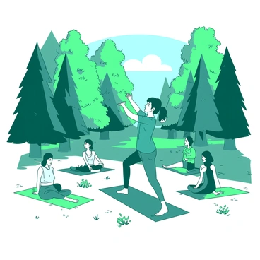 A yoga trainer is demonstrating a pose in a white forest clearing surrounded by tall green trees. The trainer is wearing a teal outfit and has a calm expression on their face. Several students are following along, positioned in various poses on colorful mats laid out on the grass. Sunlight filters through the leaves above, creating patterns of light and shadow on the ground. There are small wildflowers scattered throughout the clearing, adding a touch of color to the scene.