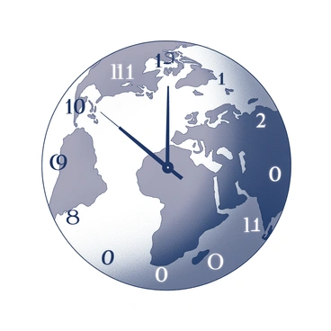 A globe featuring geographic details, with clearly defined continents and oceans. The globe is overlaid with clock hands that point to various numbers around its circumference. Each number represents different time zones, arranged in a circular fashion around the globe. The clock hands are elegantly designed, with one hand indicating the hour and the other the minute. The overall appearance showcases the fusion of geography and time, emphasizing the concept of global timekeeping.
