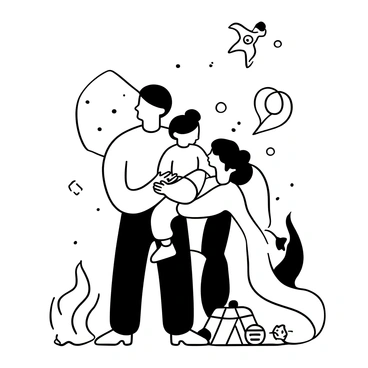 Grandparents standing side by side, with one grandparent holding a grandchild in their arms. The grandchild is smiling, nestled comfortably against the grandparent's shoulder. The other grandparent has their hands resting gently on the child’s back. They are surrounded by soft, flowing blankets and a few toys scattered around them, creating a cozy atmosphere. In the background, there are whimsical drawings hanging on the wall.