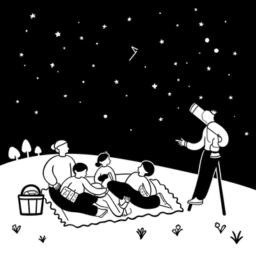 A family of four sitting on a grassy hill, gazing upwards at a clear night sky filled with numerous twinkling stars. The parents are pointing towards constellations, while the children lie back on a blanket, surrounded by a few open books about astronomy. A large telescope stands next to them, aimed at the night sky. In the foreground, a picnic basket is placed beside them, with a few snacks scattered nearby. The hillside features scattered wildflowers and a few silhouetted trees in the distance.