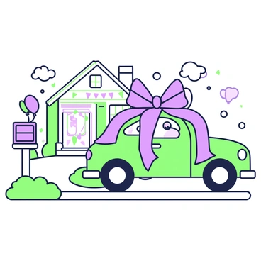 A car wrapped in a giant bow, parked in a driveway as a birthday surprise gift