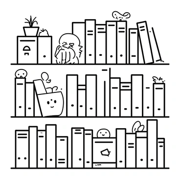 A bookshelf filled with numerous books of various sizes arranged neatly. Each book has a different design, featuring titles and illustrations on their spines. Cute "mimimoo" illustrations can be seen peeking out from behind the books, showcasing playful characters with distinct features. The shelf has decorative elements like small plants and picture frames placed strategically among the books.