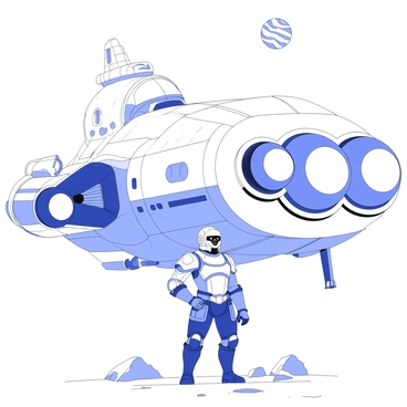 A rogue mercenary stands defiantly in front of a massive starship. The mercenary is clad in rugged armor, with a distinctive helmet partially concealing their face. They have a confident stance, with one hand resting on a sheathed sword at their hip. The starship looms in the background, showcasing intricate details such as large engines, a sleek hull, and a series of illuminated panels along its surface. The ground beneath the mercenary is rocky and uneven, suggesting they are on an alien planet. Above, a distant sun casts shadows across the scene.