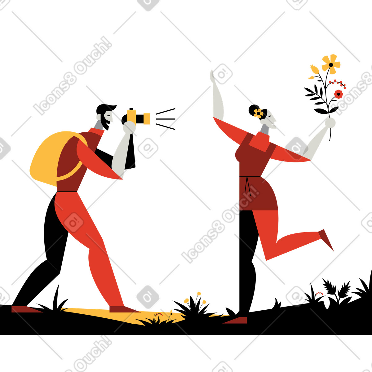 Mann fotografiert eine frau mit blumenstrauß-Illustration im Burgundy-Stil als Download in PNG, SVG