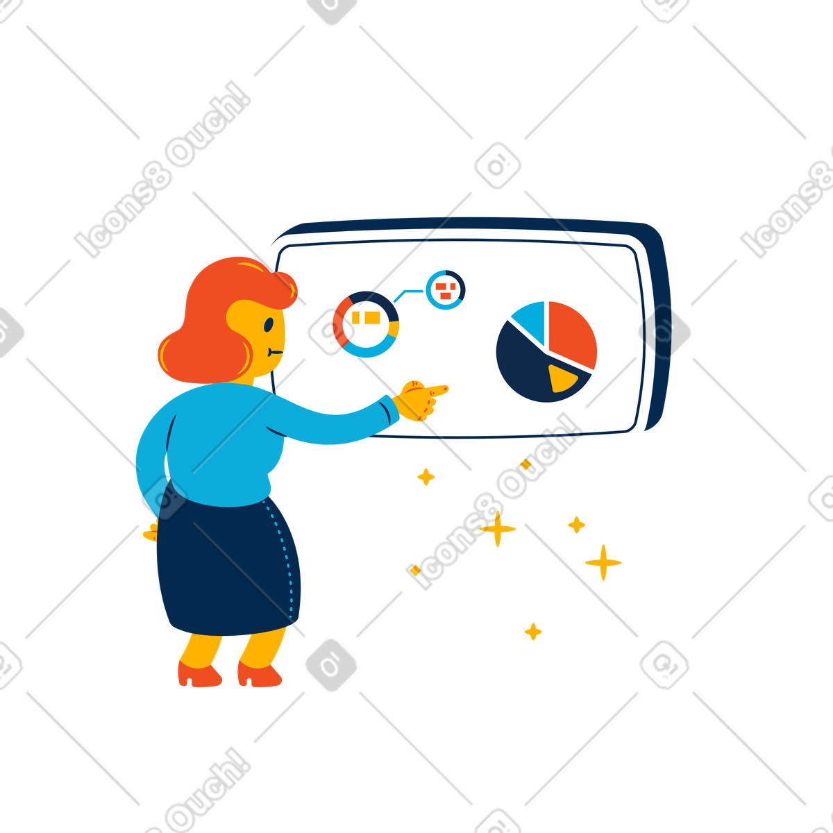 Ilustración Mujer apuntando al gráfico circular en la pizarra estilo Flame a descargar PNG y SVG