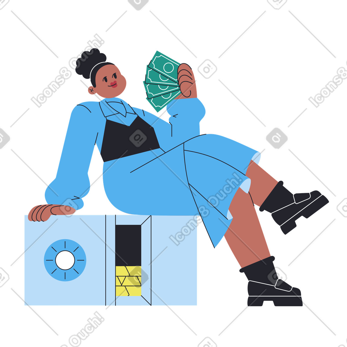 下载 Boba 风格的 Businesswoman displaying money on safe, Personal finance or investment 插画，支持 PNG、SVG 格式
