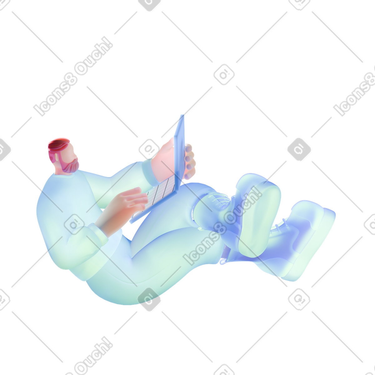 Uomo con il computer portatile seduto in posizione rilassata illustrazione stile 3D Airy scarica PNG, SVG