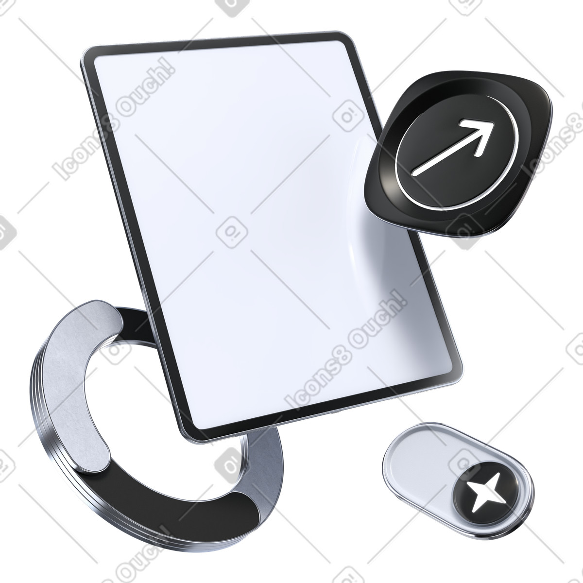 Tablet mockup surrounded by performance metrics, AI data analytics and business progress monitoring illustration in PNG, SVG