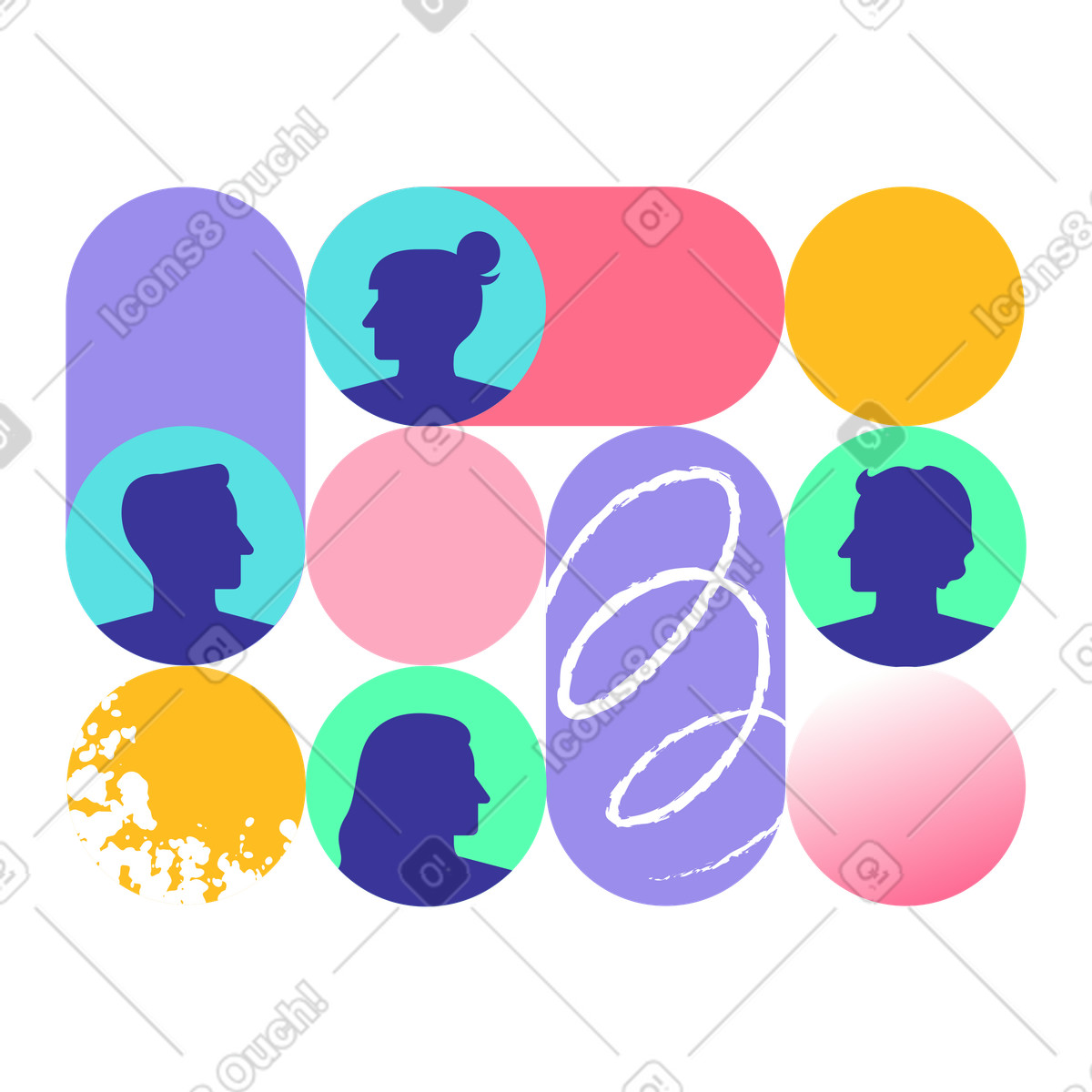 Ilustración Abstract team avatars in colorful composition, Online collaboration and teamwork en estilo Bright a descargar en PNG y SVG