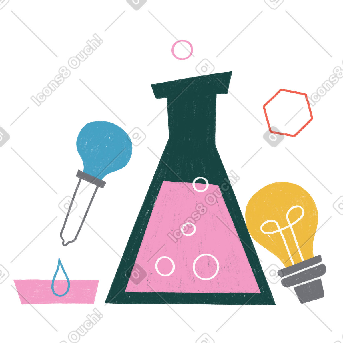 Chemical research. Flask, pipette and light bulb illustration in Tutti style download in PNG, SVG