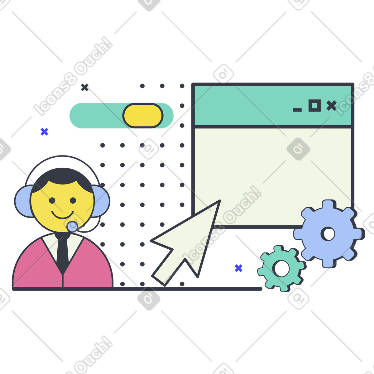 Support agent with headset and web interface, Online customer service or help desk illustration in PNG, SVG