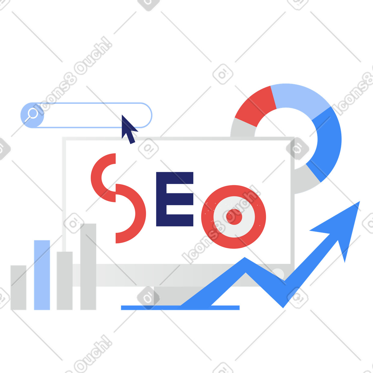 Illustration Seo de texte avec graphiques, flèche et barre de recherche aux formats PNG et SVG