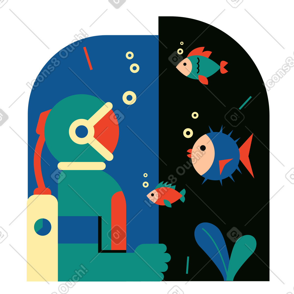 Uomo in muta sott'acqua con i pesci illustrazione stile Polar scarica PNG, SVG