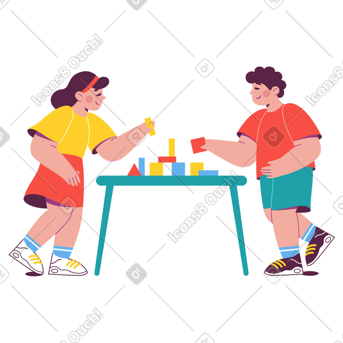 Kids building with colorful blocks at table, Early childhood playing activity illustration in Sammy style download in PNG, SVG
