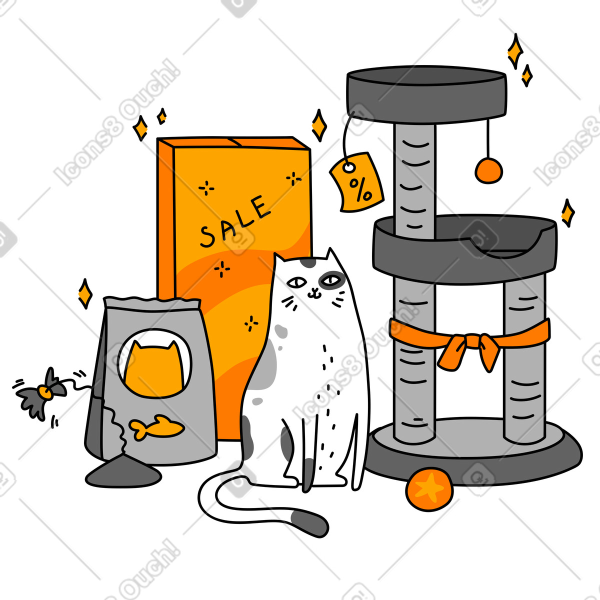 Illustration Chat avec beaucoup d'achats du black friday dans le style Purr à télécharger aux formats PNG, SVG