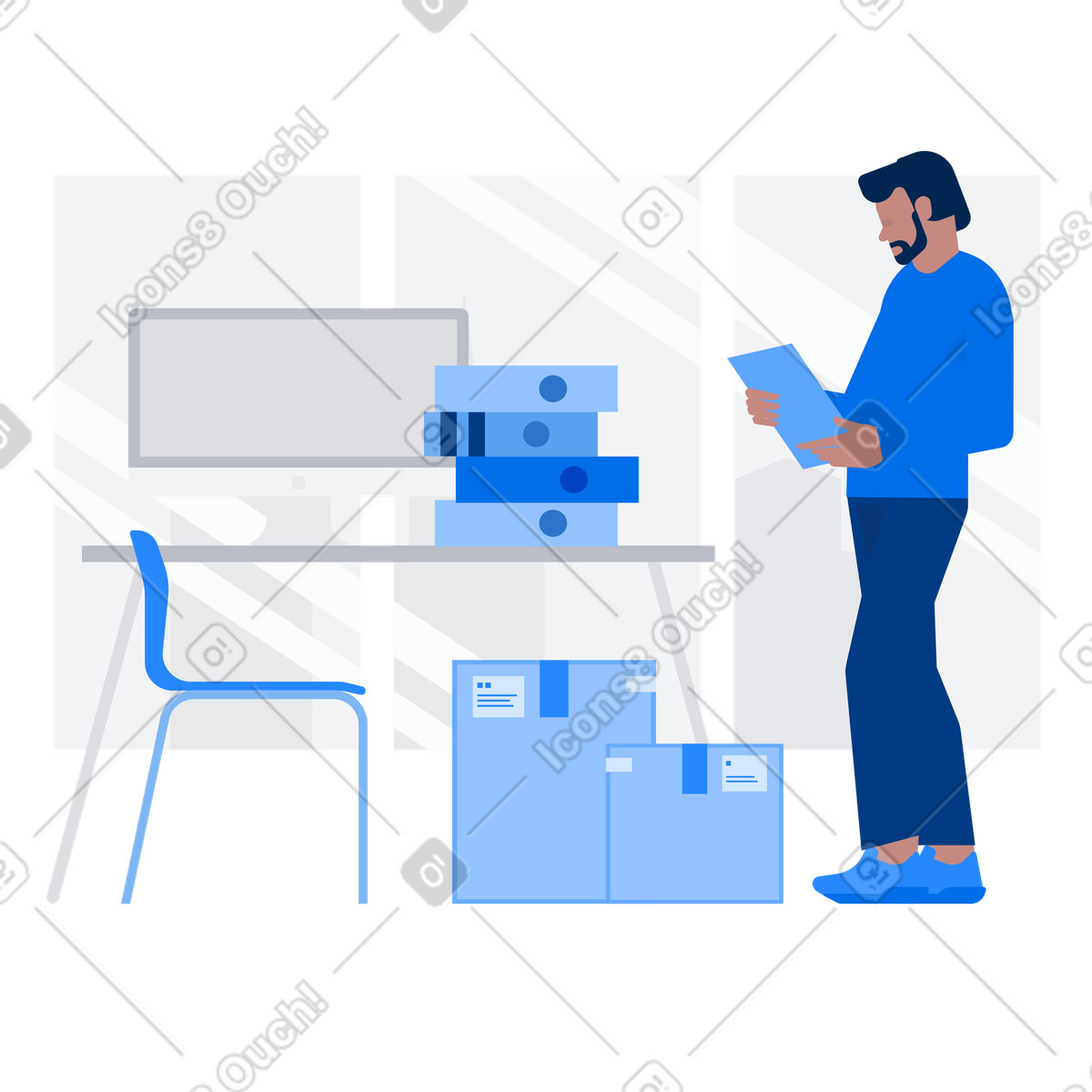 Ilustração de Office worker with a clipboard in hands, standing next to large pile of documents em no estilo Urban para baixar em PNG, SVG