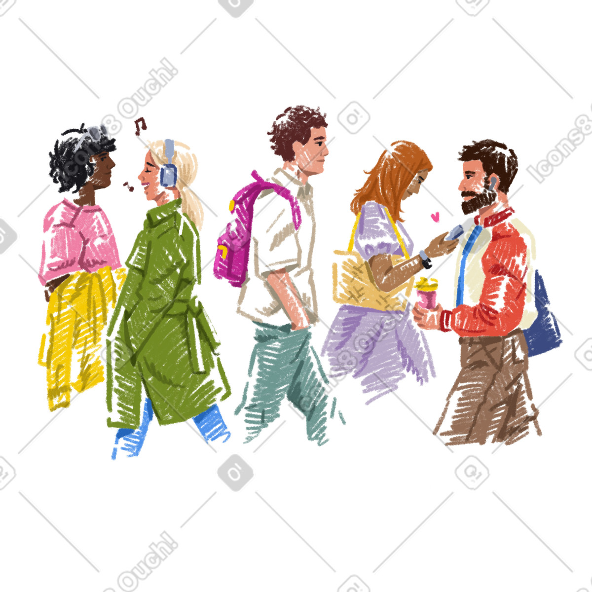 Ilustración Grupo de personas ocupadas que van en direcciones opuestas. estilo Sketchbook a descargar PNG y SVG