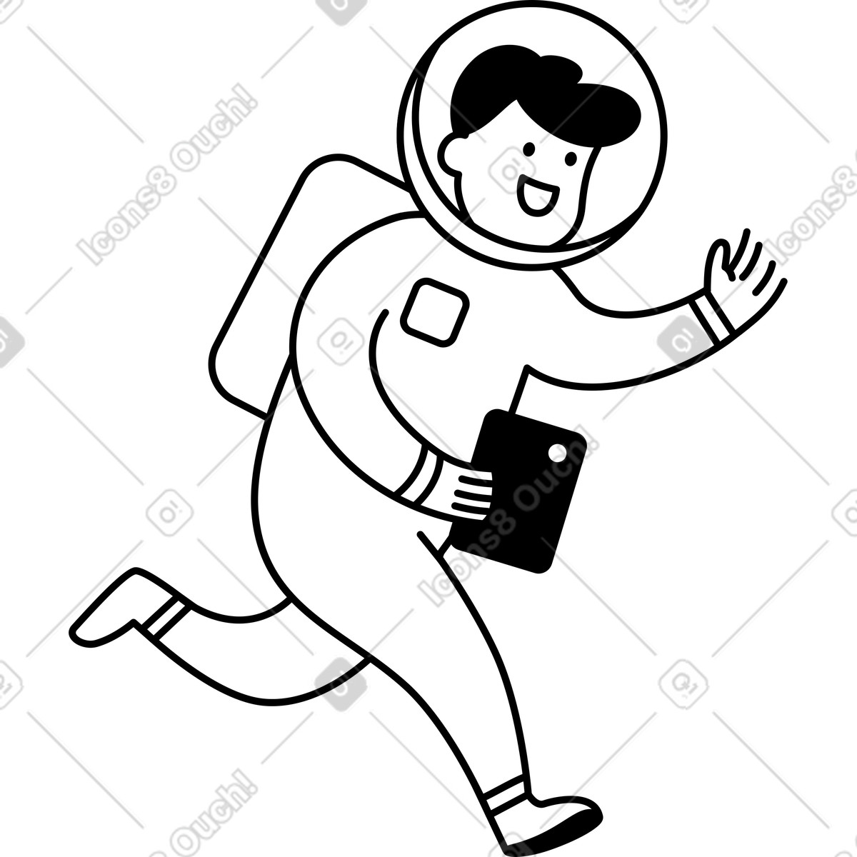 Astronaut running in spacesuit with backpack and waving hand illustration Notion Line Art style download PNG, SVG