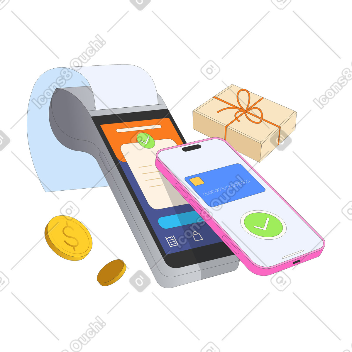 Ilustración animada Pagos sin contacto con smartphone y terminal pos en estilo Kit a descargar en GIF, Lottie (JSON), AE