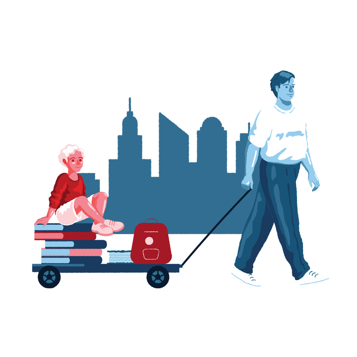 Parent pulling child to city school in wagon, Learning readiness and educational journey illustration Cherry style download PNG, SVG