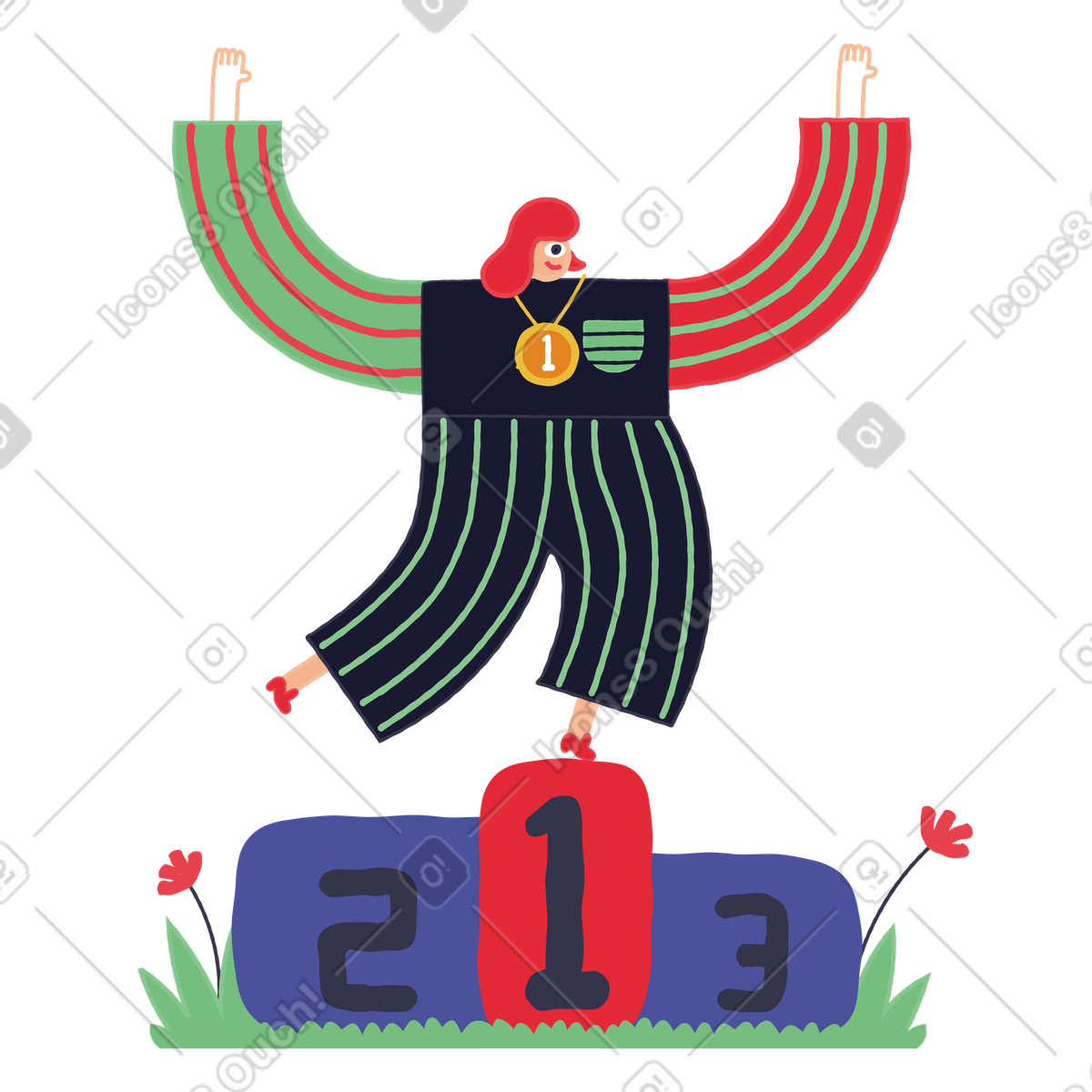 Ilustração de Garota fica em um pedestal com uma medalha ouro no estilo Stripy para baixar PNG, SVG
