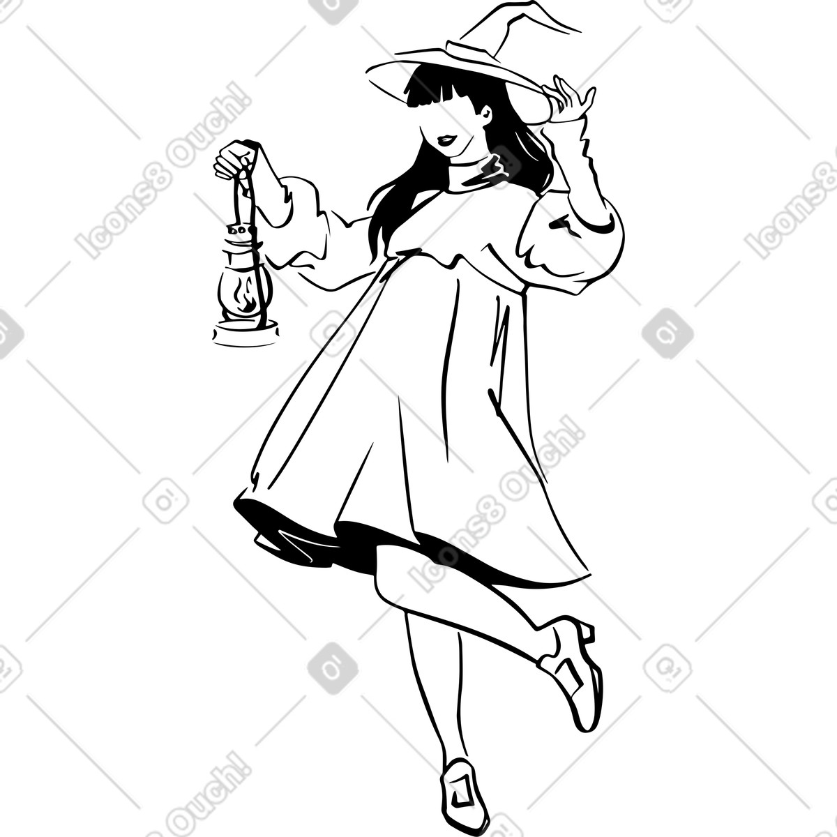 Donna vestita da strega che tiene una lanterna ad halloween illustrazione in stile Line scarica in PNG, SVG