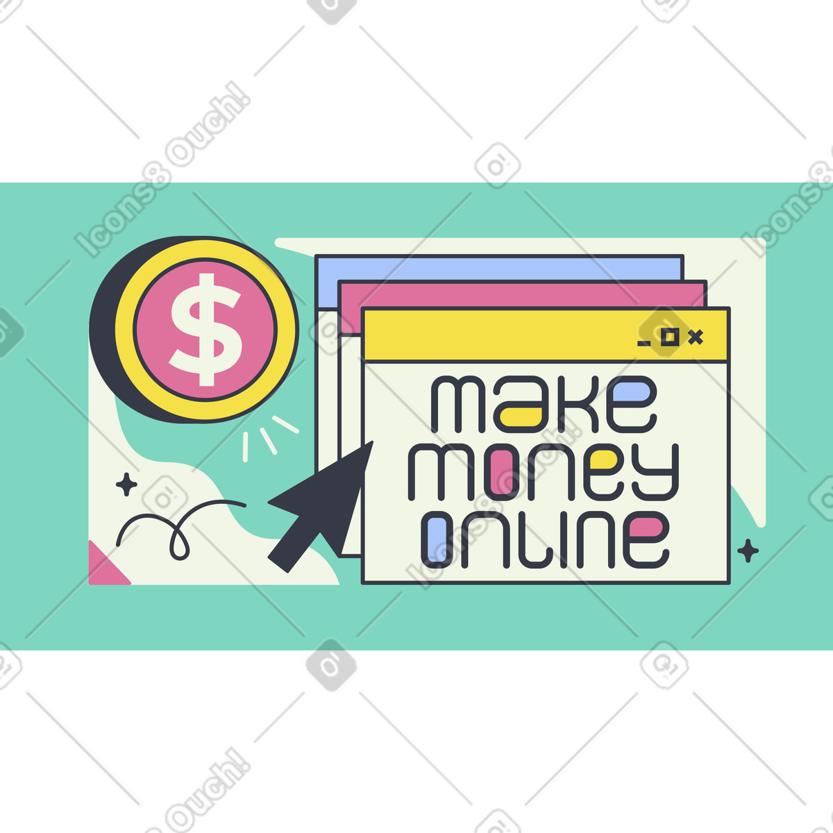 Schriftzug make money online im browser und in der münze-Illustration Abstract-Stil als Download PNG, SVG
