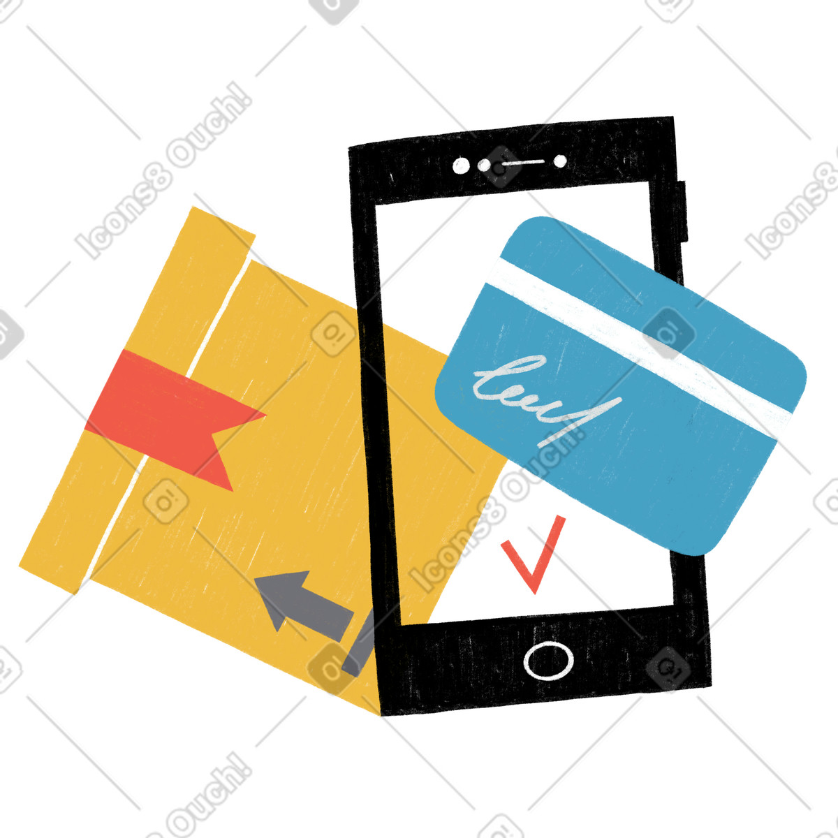 Payment processed for goods using a debit card and phone illustration in PNG, SVG