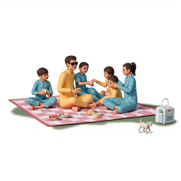 A family of four is sitting on a large checkered picnic blanket laid out on the grass. Each family member is wearing a brightly colored jumpsuit in matching patterns featuring vibrant shades of blue, yellow, and red. The father, wearing sunglasses, is holding a sandwich while smiling at his children. The mother, with her hair tied back, is pouring juice into cups, and her laughter can be seen in her expression. Two children, a boy and a girl, are playfully reaching for a plate of fruit, their excitement visible on their faces. A picnic basket filled with snacks and a small radio playing music is placed next to them. Nearby, a small dog is curiously sniffing the ground.
