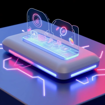 A sleek gadget with a smooth silver body, featuring vibrant neon blue and pink lights that pulse rhythmically. The gadget has a transparent screen displaying shifting holographic images and icons that float above its surface. It is placed on a futuristic metallic table, surrounded by glowing circuit patterns. The scene is set in a dimly lit environment that enhances the bright neon colors.