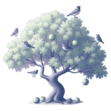 A fig tree with abundant green leaves and a thick trunk. The branches are full and sprawling, providing a rich habitat. Several birds with intricate feather patterns are perched among the branches, some facing forward while others are turned to the side. Each bird is distinct, showcasing a variety of shapes and sizes as they interact with the environment around them. The tree is laden with ripe figs, some hanging from the branches, while the ground below is scattered with fallen fruit.