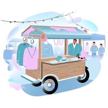A vintage clothing cart displaying retro apparel and accessories at an urban market