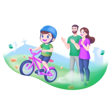 A child riding a bright red bike without training wheels, with a look of concentration on their face. The bike's wheels are in motion, kicking up small pebbles from the ground. The child is wearing a blue helmet for safety and a colorful t-shirt. In the background, two parents are standing together, watching with proud smiles on their faces. They are clapping their hands and cheering, with an expression of joy and encouragement. The setting is a sunny park with green grass and a clear blue sky.