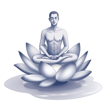 A figure representing "Adiyogi" in a seated meditation posture, with hands resting on the knees, embodying peace and tranquility. He is positioned atop a "giant lotus blossom," which floats gracefully on the surface of "calm water." The lotus petals are wide and open, showcasing intricate details in their texture. The water surrounding the lotus is smooth, reflecting the figure in a serene manner. The overall composition emanates a sense of harmony and balance, with the lotus serving as a symbolic base for the meditative figure.