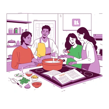 A group of students is gathered in a bright, spacious kitchen, focused on cooking a new recipe during a Wednesday evening class. On the countertop, there are various ingredients, including chopped vegetables, spices in small bowls, and a recipe book opened to a page with clear instructions. One student is stirring a large pot on the stove, while another is measuring flour with a digital scale. A third student is chopping herbs with care, and behind them, there are shelves filled with cooking utensils and appliances. The atmosphere is lively, with laughter and chatter as they work together to create the dish.