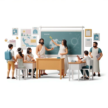 A classroom filled with various educational materials and colorful posters on the walls. In the center, there is a wooden desk where "Zeus," a tall man with a thick beard and wearing a toga, stands holding a lightning bolt. Next to him is "Hera," a woman with long flowing hair, adorned with a crown and a flowing gown, who is pointing to a map of Mount Olympus. "Athena," a woman with a helmet and armor, is sitting at a desk, looking intently at a book. "Poseidon," a muscular man with a trident, leans against a chalkboard filled with drawings of the ocean. Various students, dressed in modern attire, are observing and taking notes, illustrating a blend of ancient and contemporary elements within the classroom.