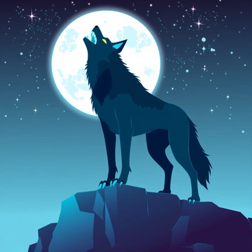 A werewolf howling at the moon on a rocky hill under a star-filled sky