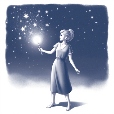 A female figure resembling Hermine stands beneath a vast night sky filled with stars. She is holding a magical wand, which emits a bright light as she moves it gracefully through the air. Small clusters of stars begin to form distinct patterns and shapes, resembling constellations, as she waves her wand. The background is filled with a multitude of twinkling stars, creating a captivating celestial scene. The ground is slightly illuminated by the light emitted from her wand, casting soft shadows around her.