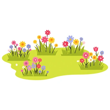 A vibrant garden scene featuring eight distinct flower beds arranged in a pleasing layout. Seven of the flower beds are filled with a variety of blooming flowers in different colors, showcasing bright reds, yellows, pinks, and purples. Each flower bed has a unique design, some with sunflowers towering above, while others are filled with delicate daisies and roses. The eighth flower bed is empty, symbolically illustrating the concept of "8/7." Lush green grass surrounds the flower beds, and a clear blue sky is visible above, adding to the bright and colorful atmosphere of the garden.